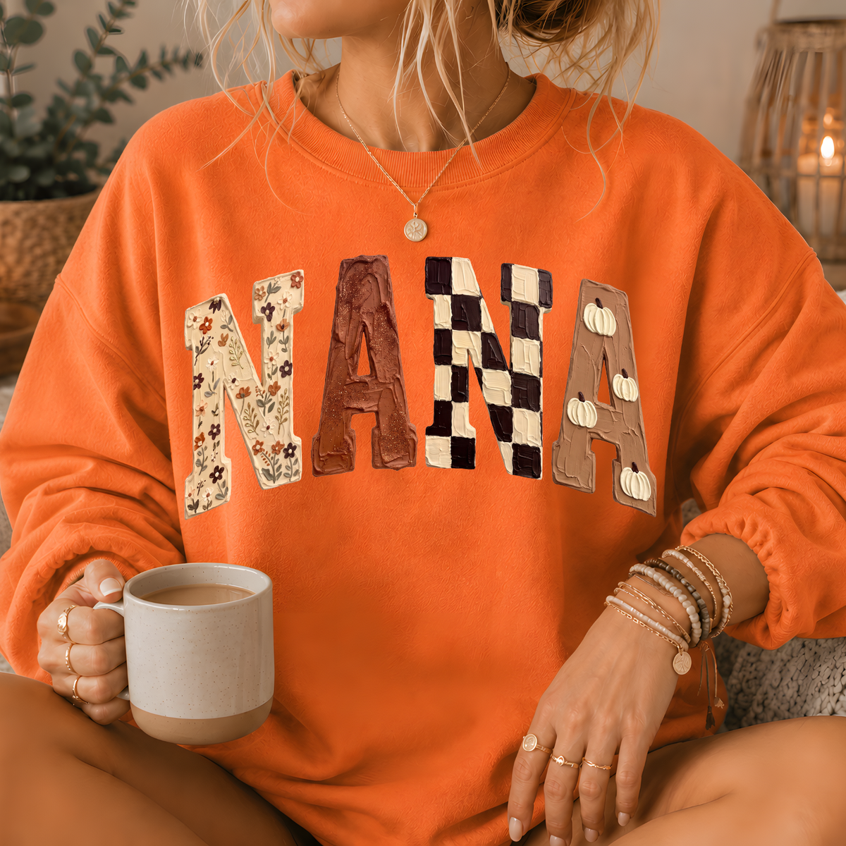 Nana Fall Patchwork Print Crewneck Sweatshirt