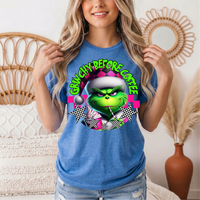 Grinchy Before Coffee Pink Checkerboard Christmas Graphic Tee