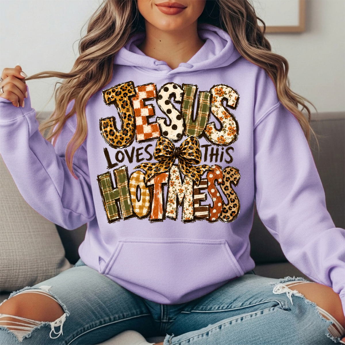 Jesus Loves This Hot Mess Leopard Bow Graphic Hoodie