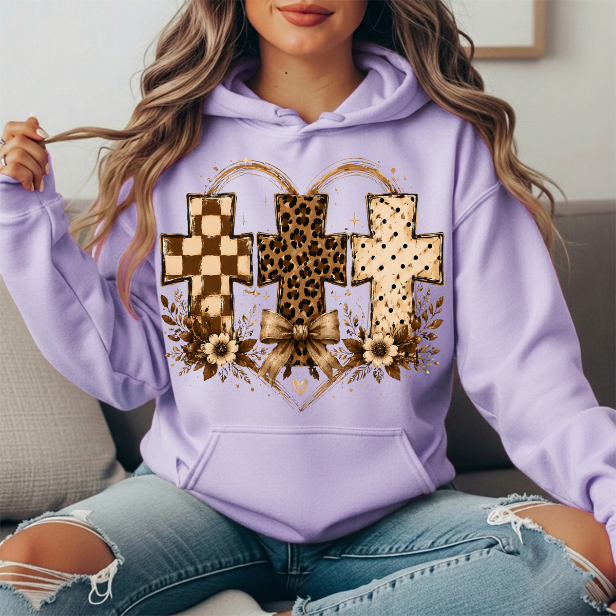Three Crosses Leopard Floral Bow Graphic Hoodie