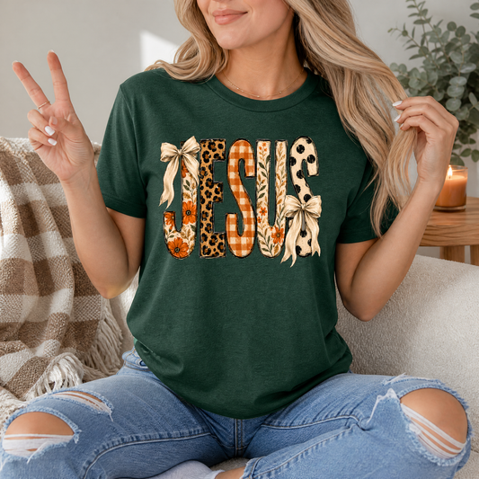 Jesus Floral, Leopard & Gingham Bow Graphic Tee