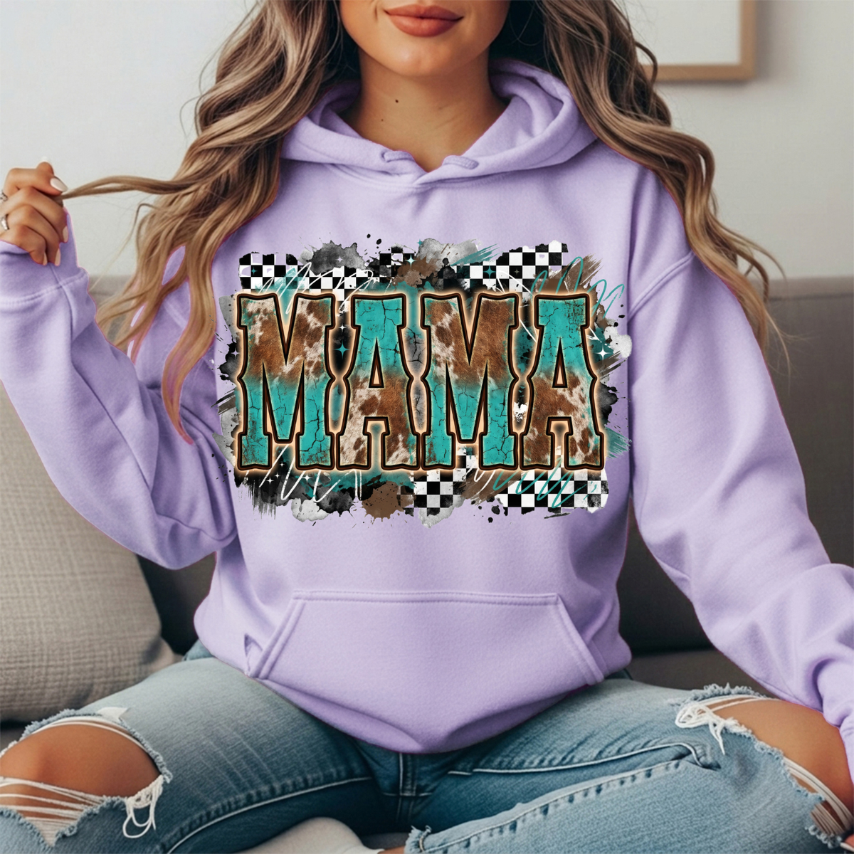 Turquoise Cowhide Mama Western Graphic Hoodie