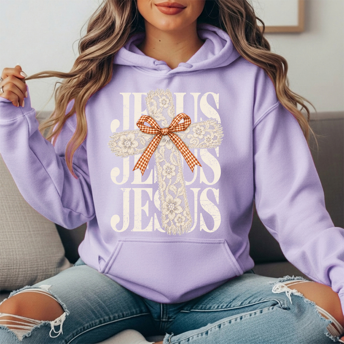 Jesus Floral Lace Cross & Gingham Bow Graphic Hoodie