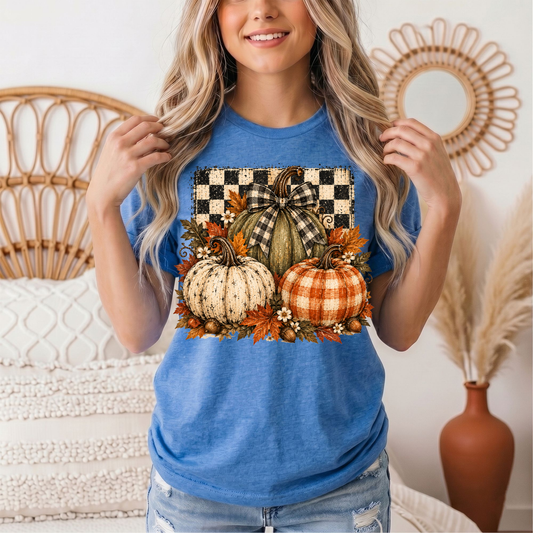 Rustic Fall Pumpkin Trio & Gingham Bow Graphic Tee