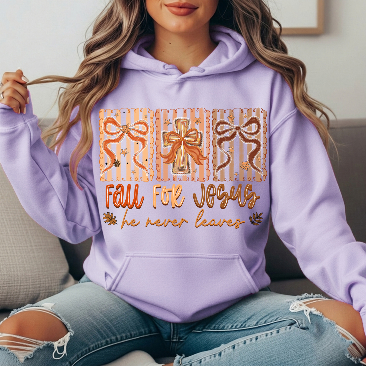 Fall for Jesus He Never Leaves Bow Cross Graphic Hoodie