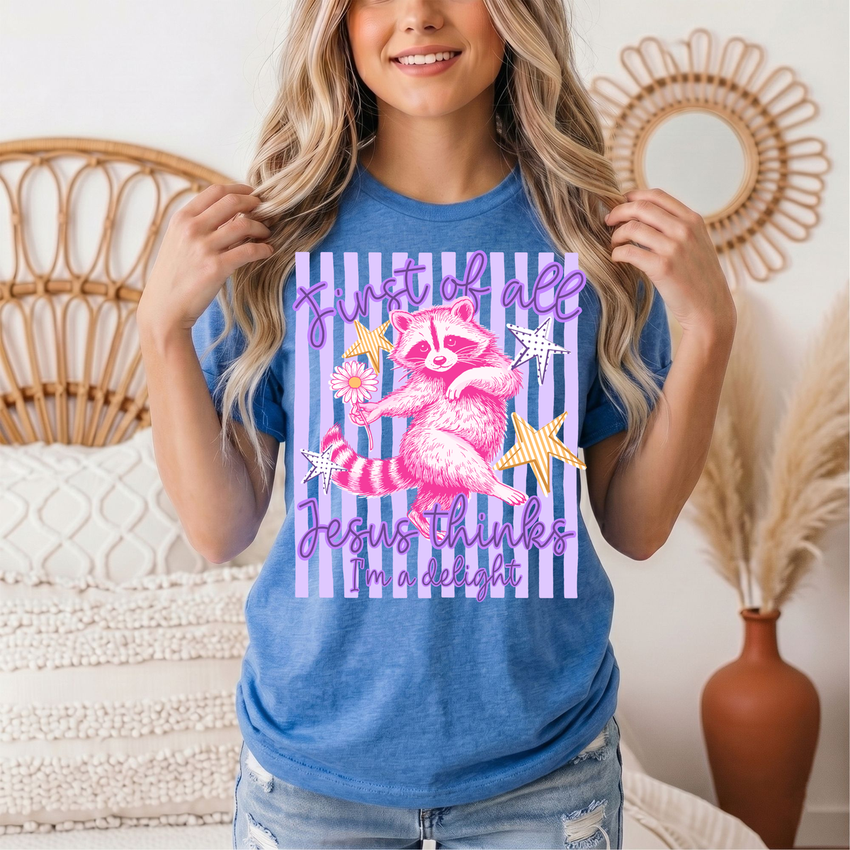 Jesus Thinks I'm a Delight Pink Raccoon Graphic Tee