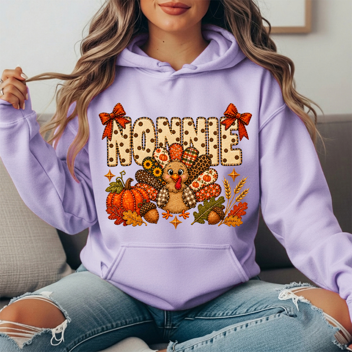 Nonnie Thanksgiving Patchwork Turkey Bow Graphic Hoodie