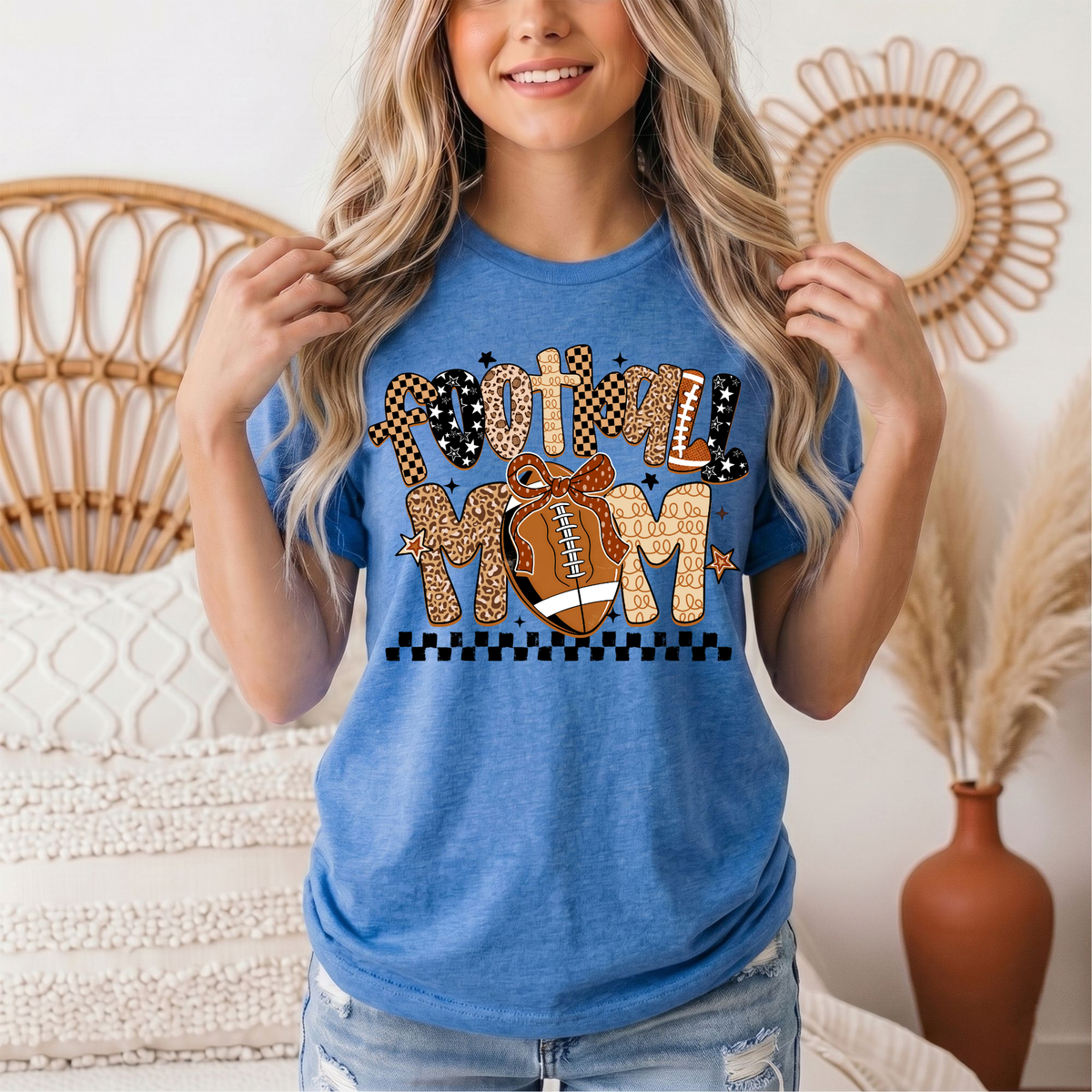 Football Mom Mixed Print Bow & Checkerboard Graphic Tee