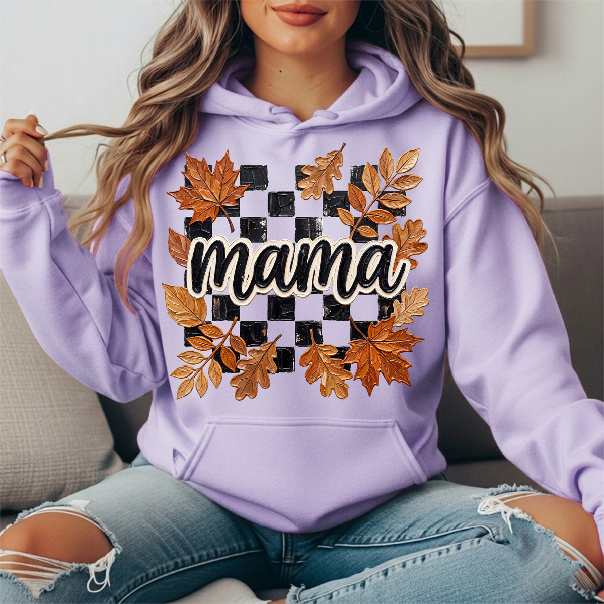 Mama Fall Leaves Checkerboard Graphic Hoodie