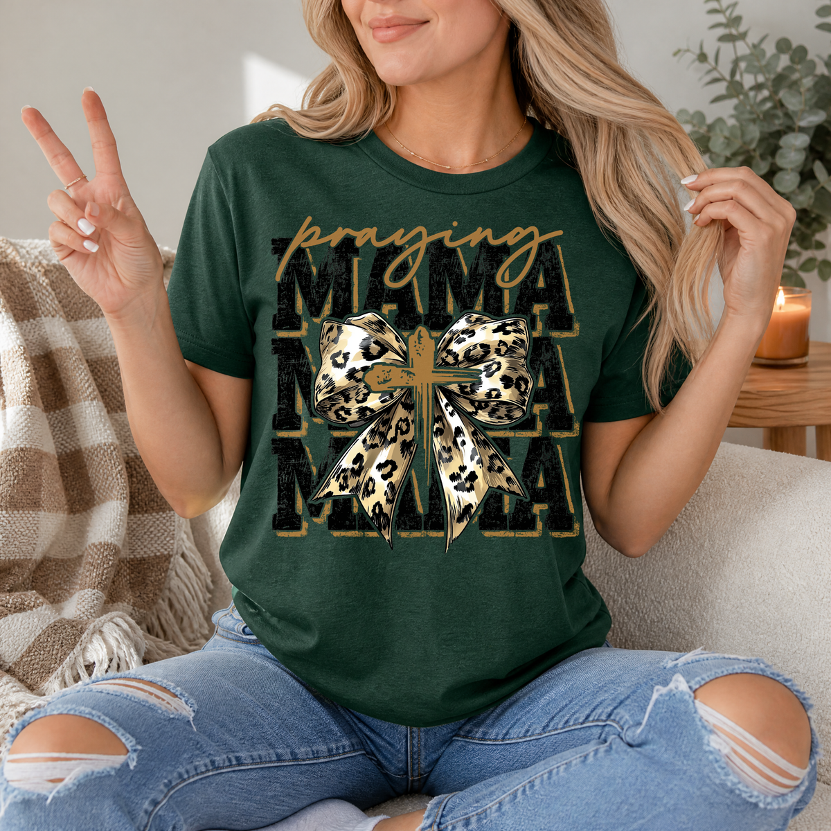 Praying Mama Leopard Bow & Cross Graphic Tee