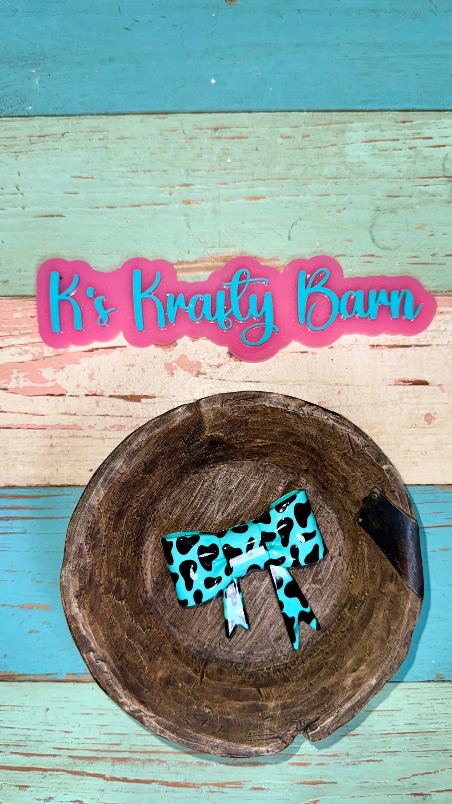 Silicone Focal Bead- Teal Cowprint Opal bow K's Krafty Barn