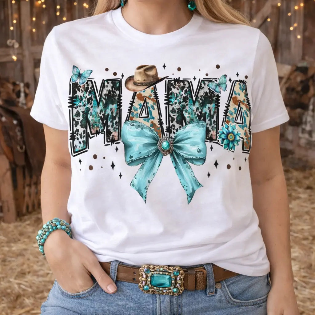 Western Mama Shirt – Cowgirl Mama Graphic Tee with Turquoise Bow K's Krafty Barn