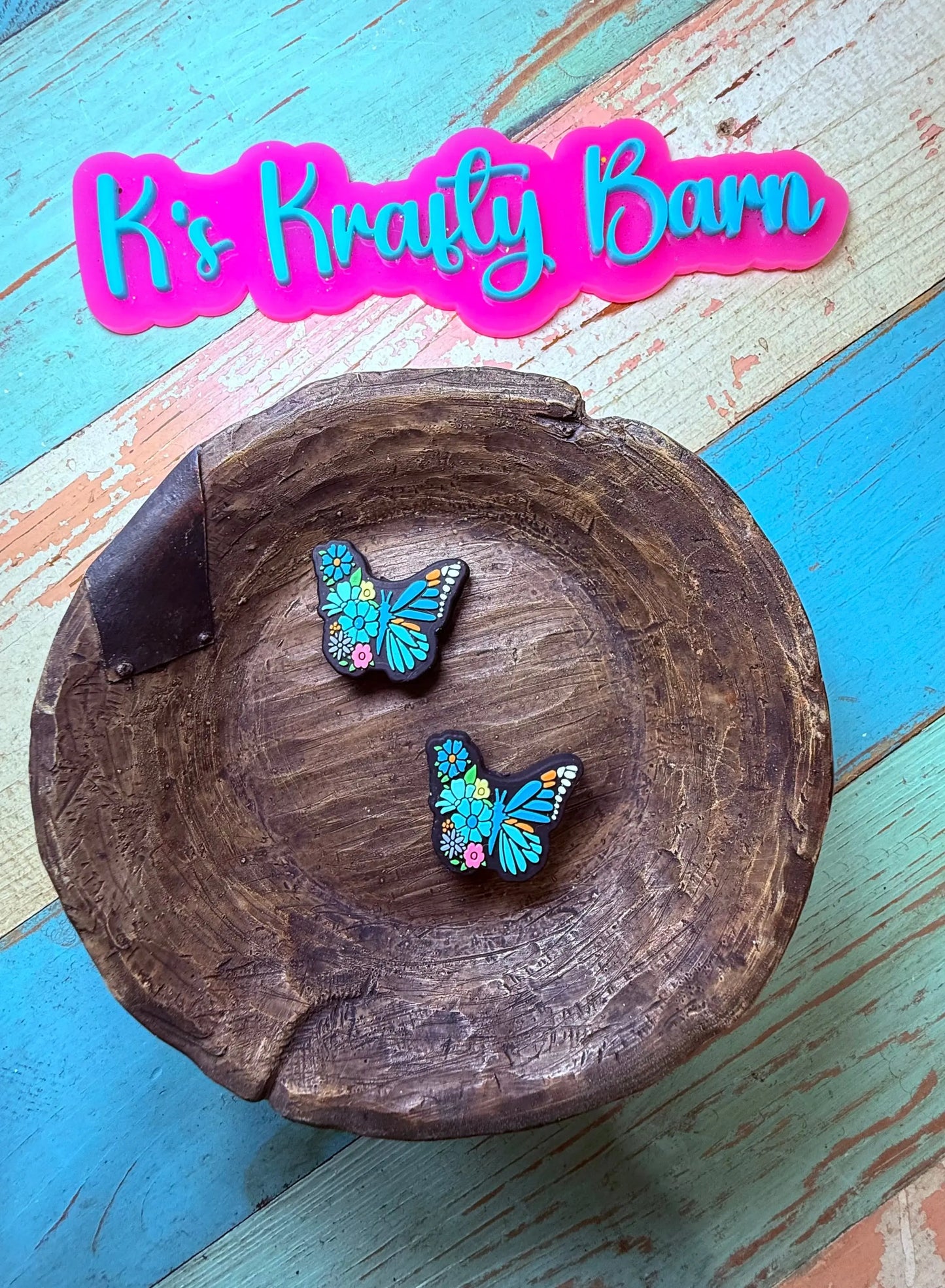 Silicone Focal Bead- Blue floral butterfly K's Krafty Barn