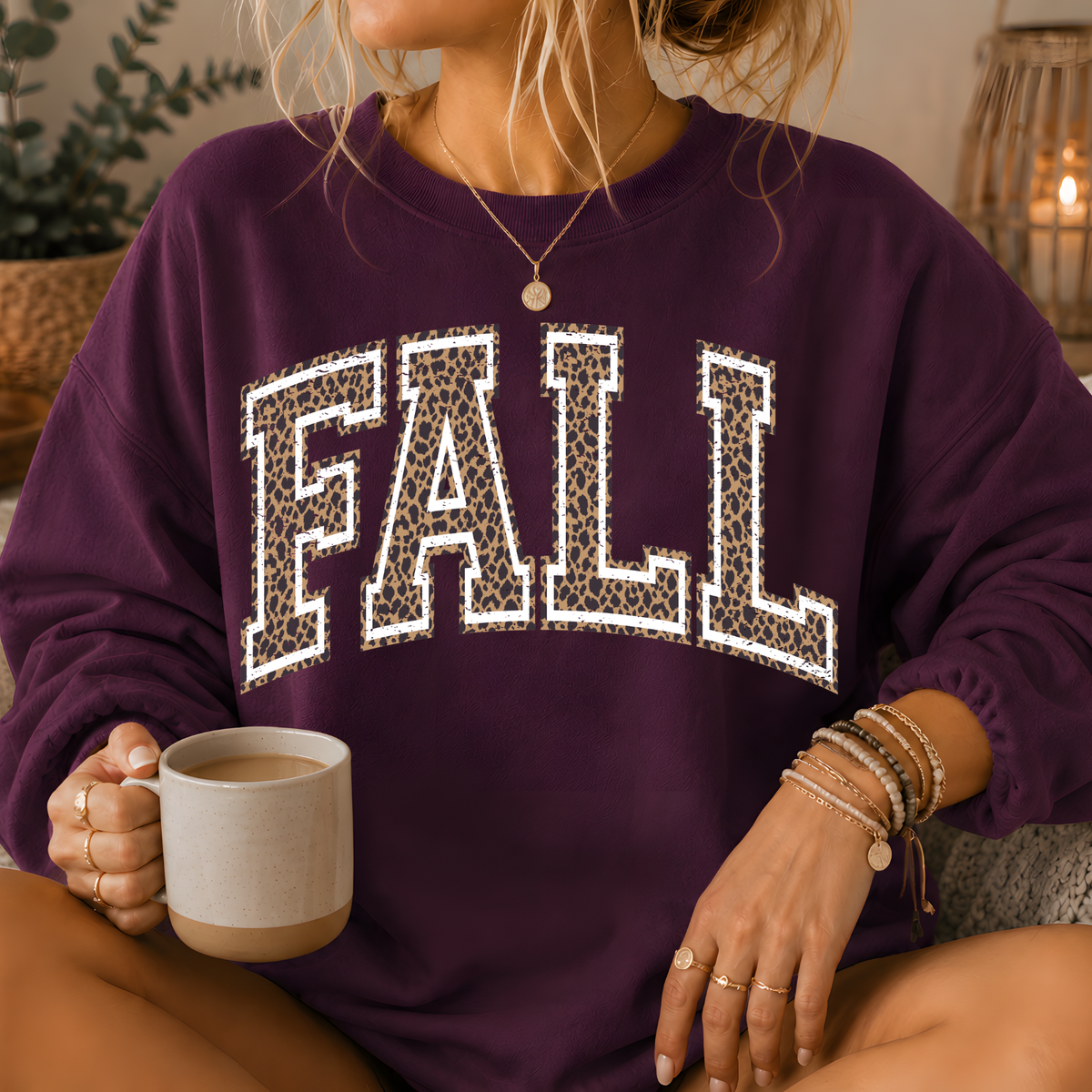 Fall Leopard Print Varsity Crewneck Sweatshirt