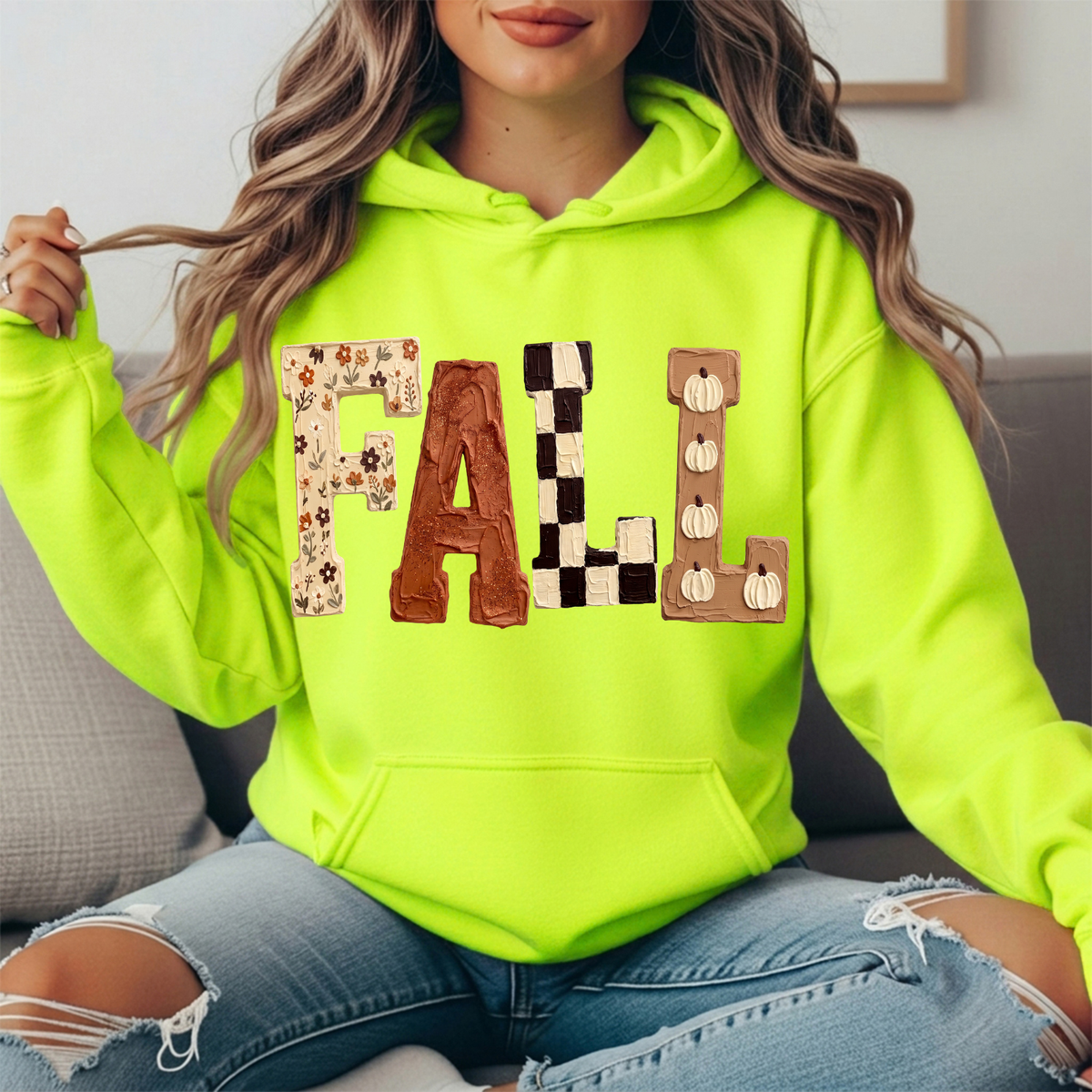 Fall Floral Checkerboard Pumpkin Lettering Graphic Hoodie