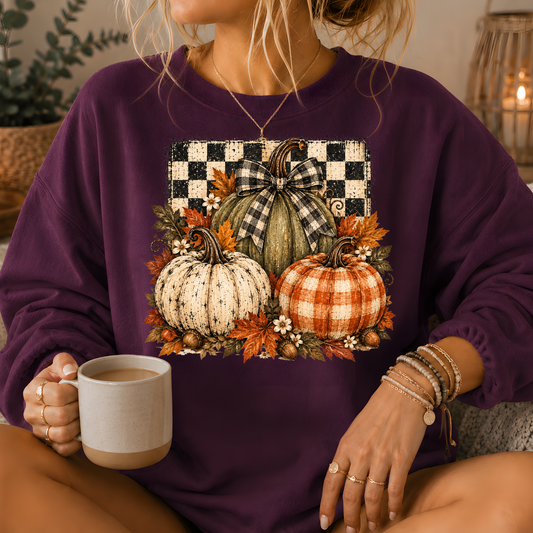 Pumpkin Plaid Bow Floral Crewneck Sweatshirt