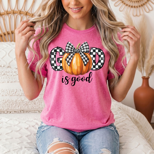 God Is Good Pumpkin & Gingham Bow Graphic Tee
