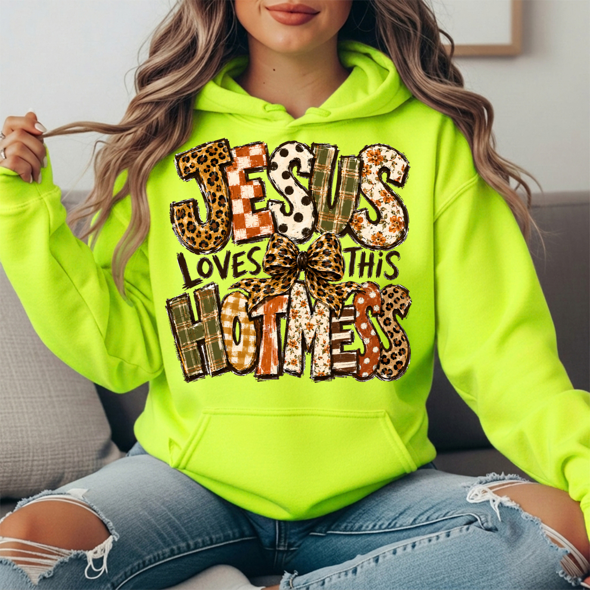 Jesus Loves This Hot Mess Leopard Bow Graphic Hoodie