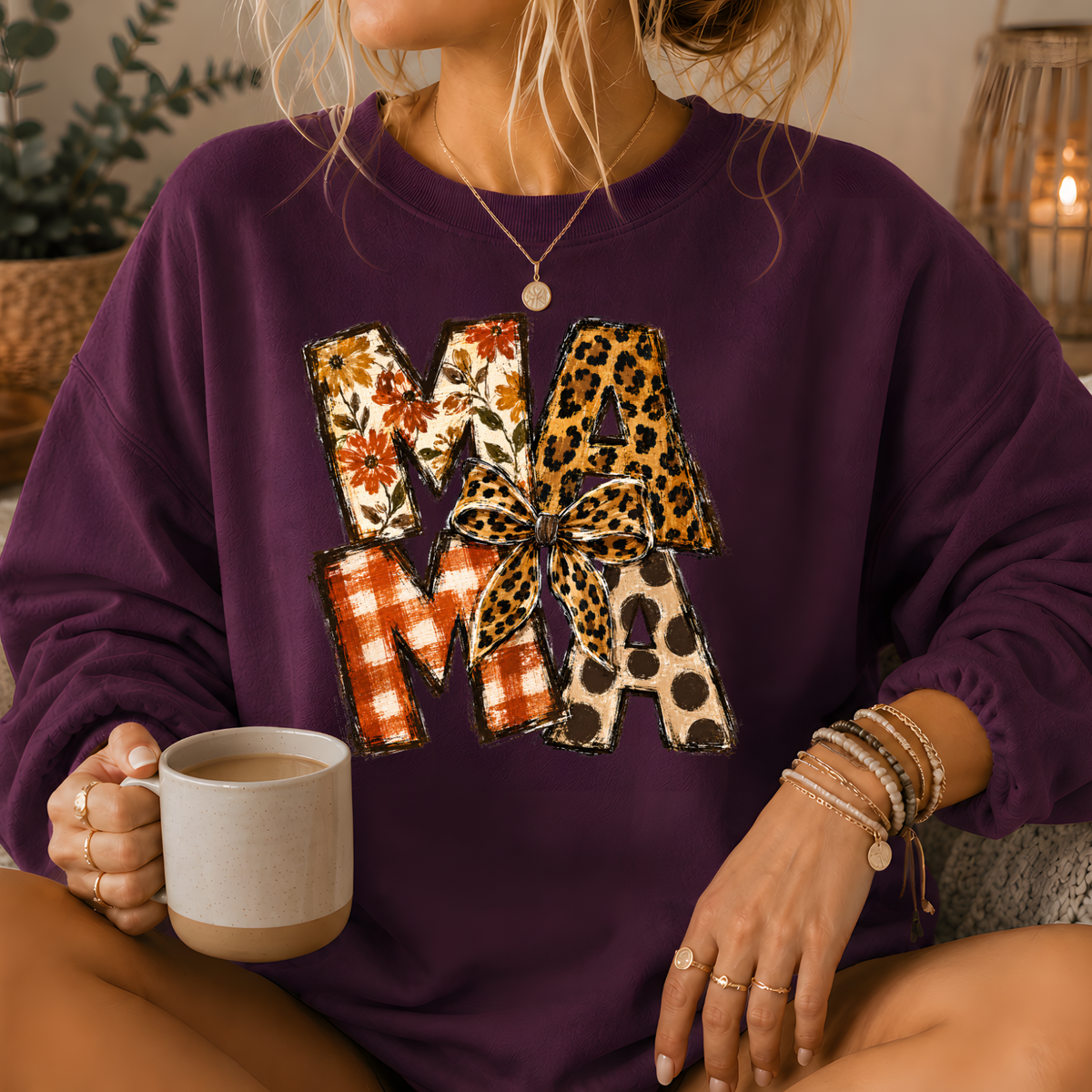 Mama Mixed Print Bow Crewneck Sweatshirt