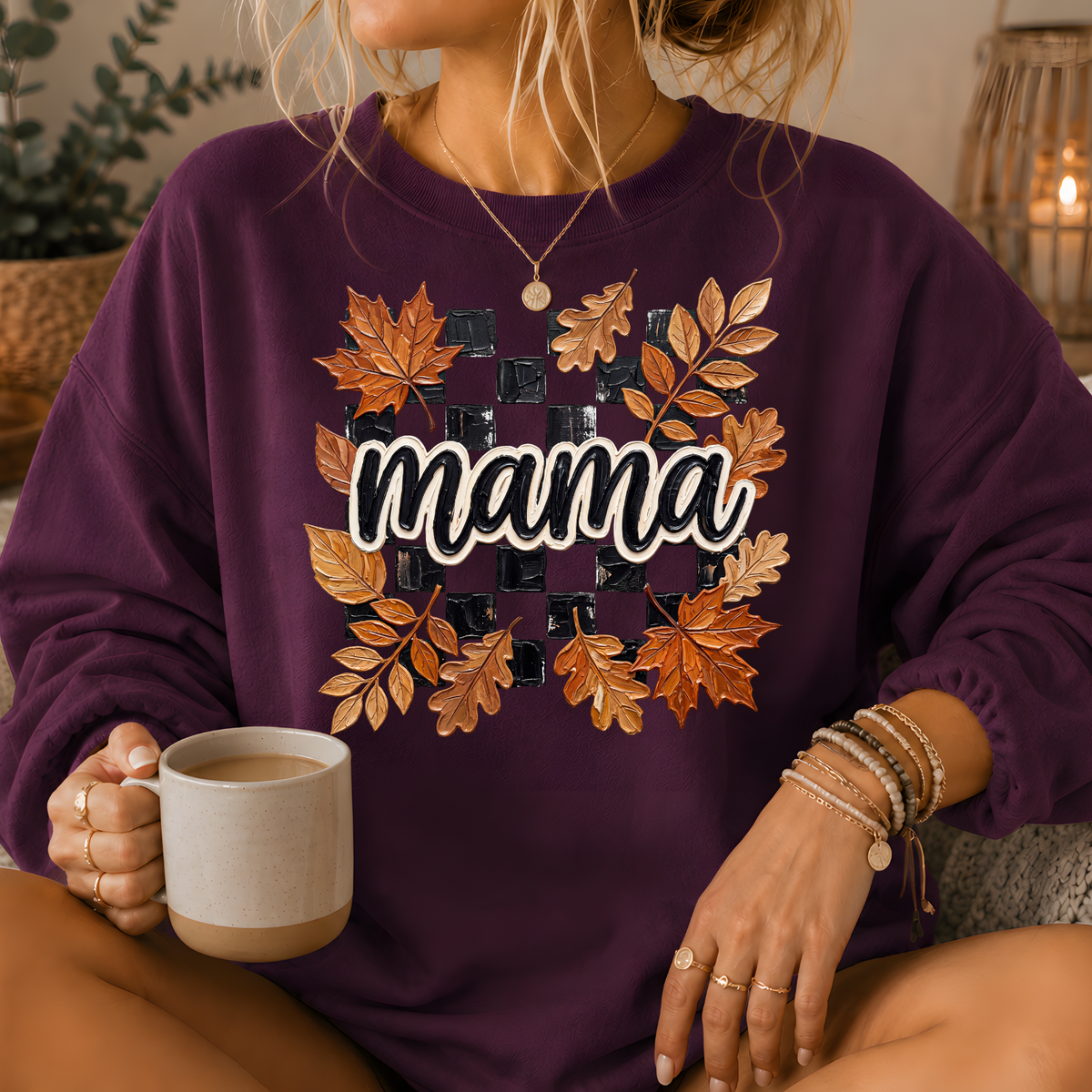 Mama Fall Leaves Checkerboard Crewneck Sweatshirt