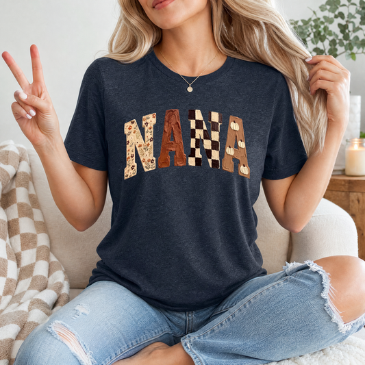 Fall Nana Floral, Checkerboard & Pumpkin Graphic Tee