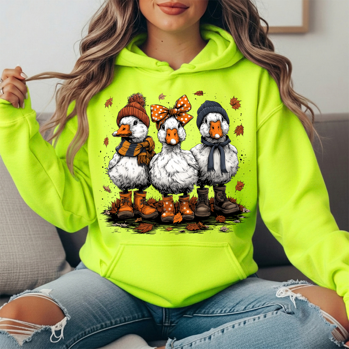 Fall Ducks in Boots & Orange Bow Graphic Hoodie