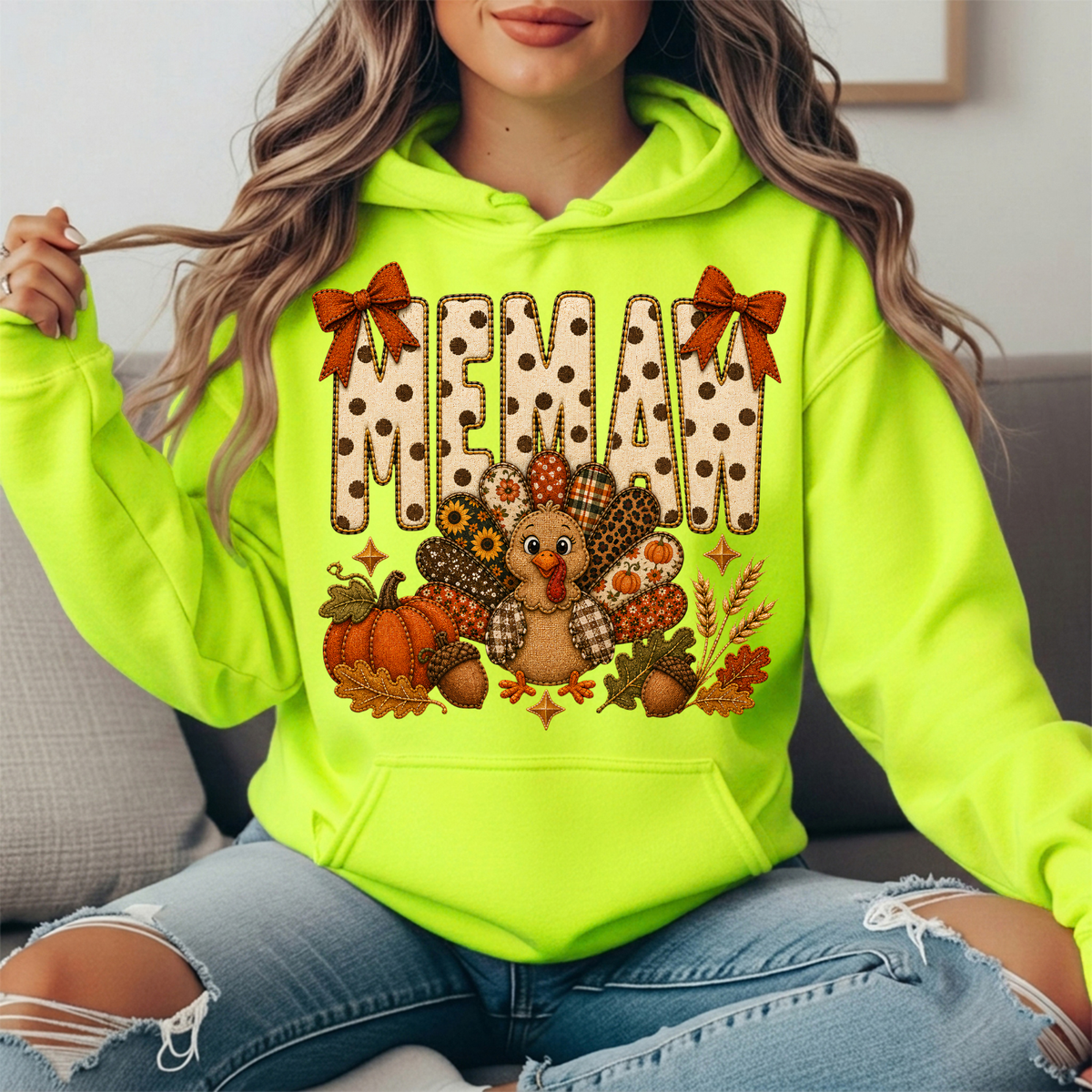 Memaw Thanksgiving Turkey & Rust Bows Graphic Hoodie