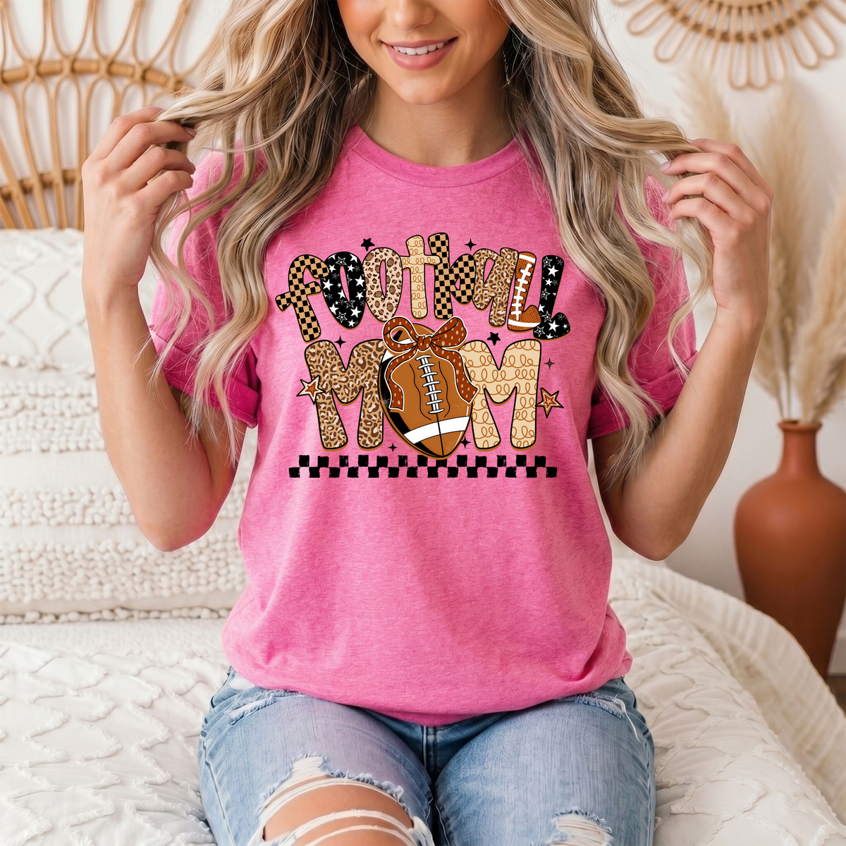 Football Mom Mixed Print Bow & Checkerboard Graphic Tee