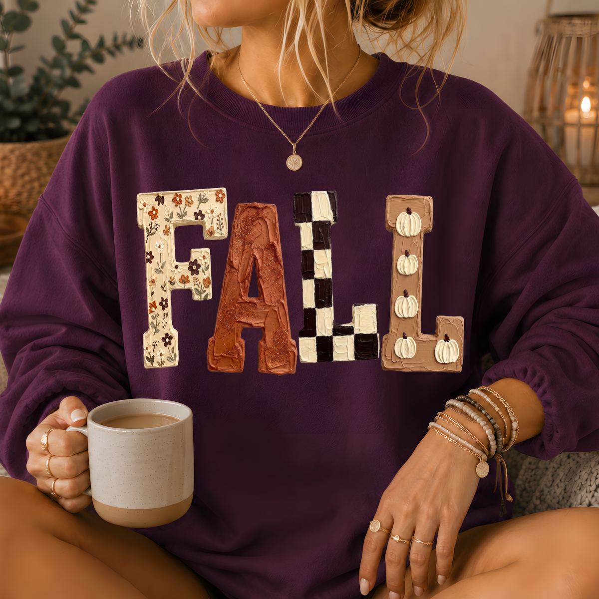 Fall Patchwork Print Crewneck Sweatshirt