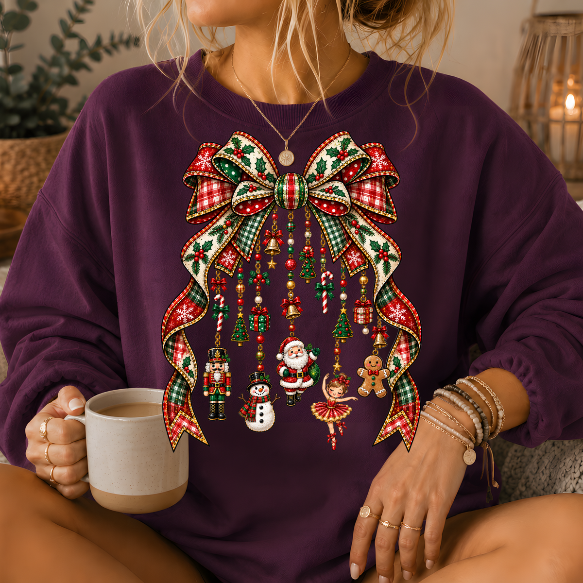Christmas Plaid Bow Holiday Charms Crewneck Sweatshirt