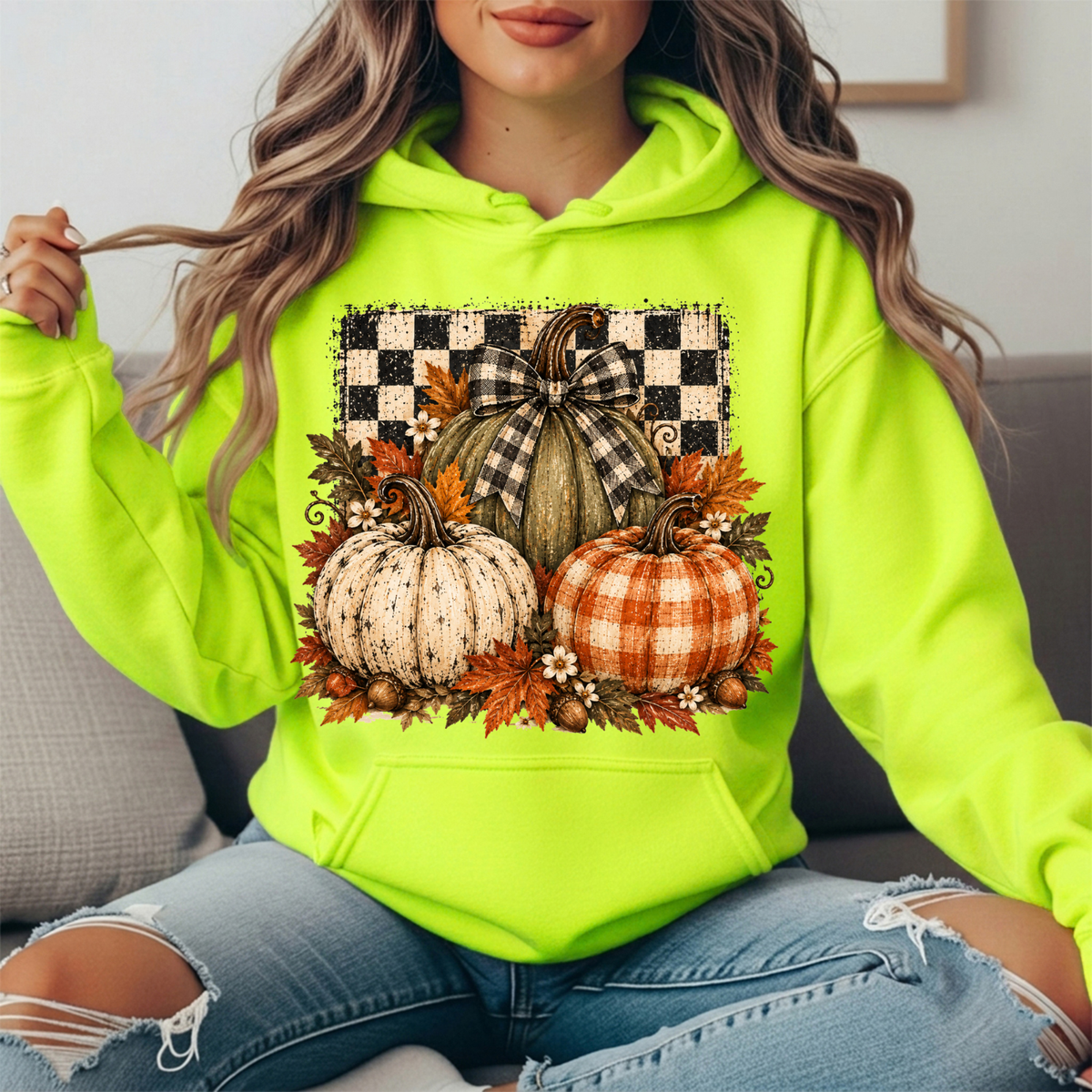 Rustic Fall Pumpkins Buffalo Check Bow Graphic Hoodie