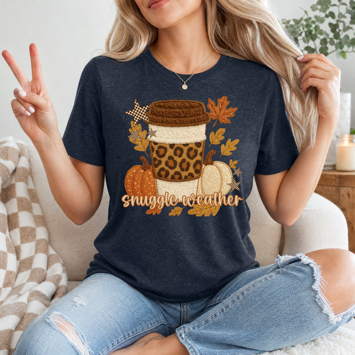 Snuggle Weather Faux Embroidery Coffee Graphic Tee