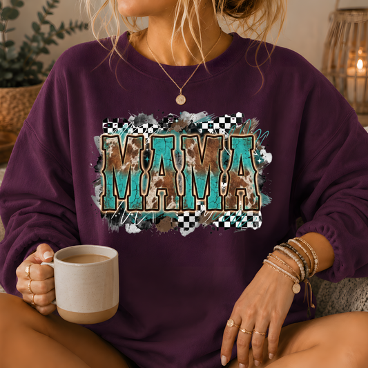 Mama Turquoise Cow Print Western Crewneck Sweatshirt