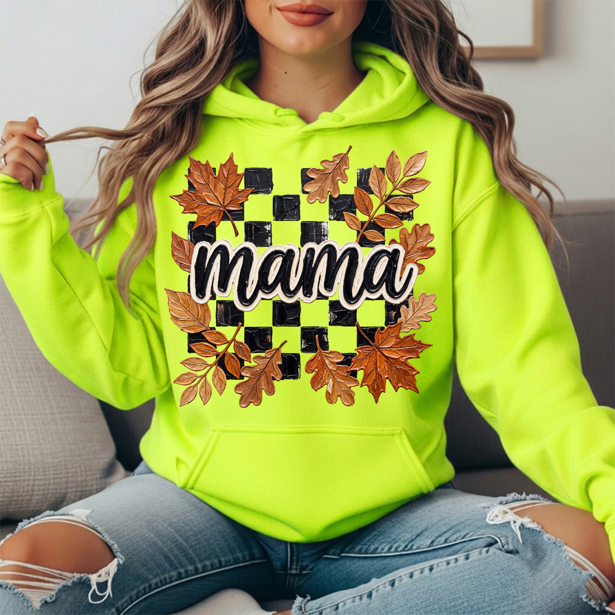 Mama Fall Leaves Checkerboard Graphic Hoodie