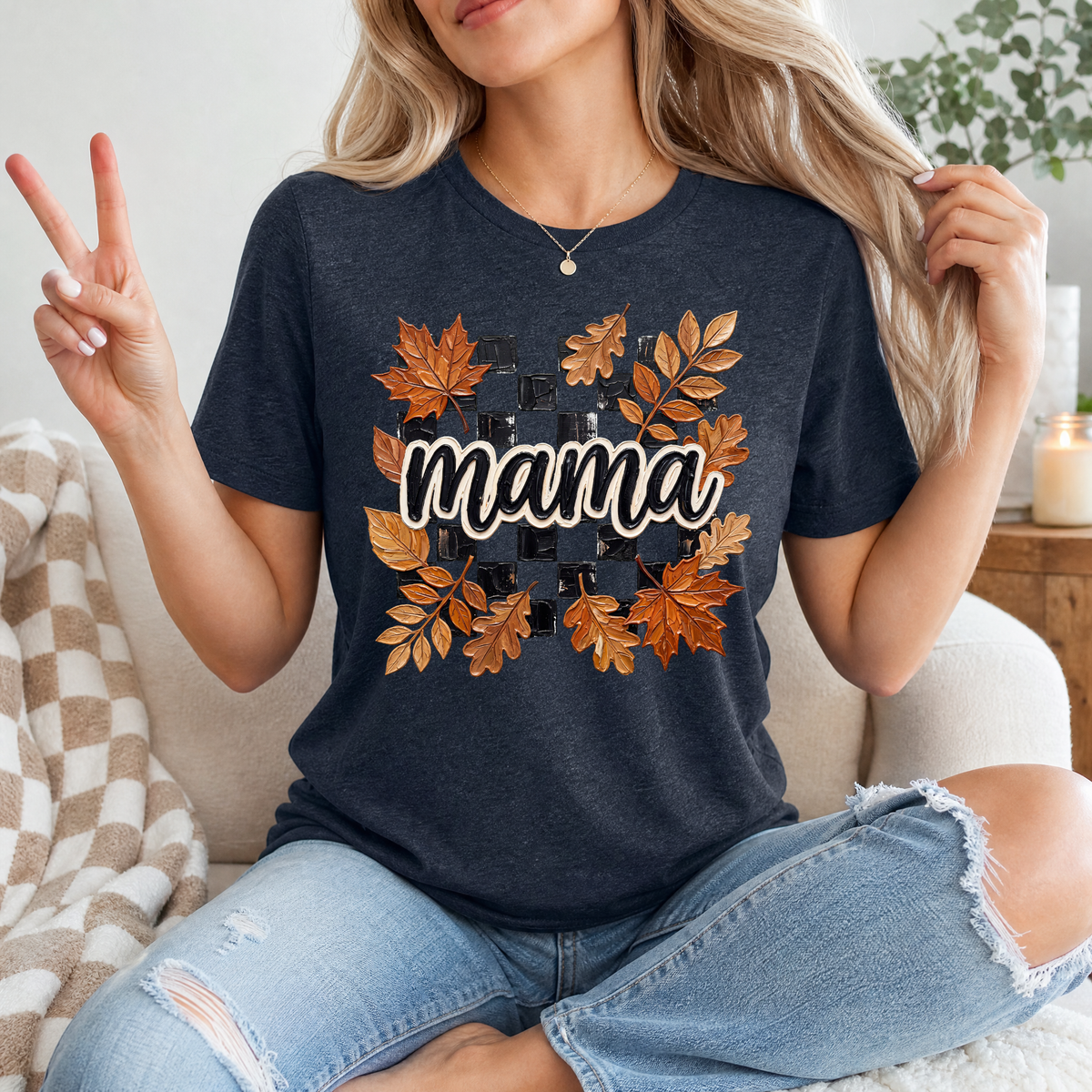 Mama Fall Leaves & Checkerboard Graphic Tee