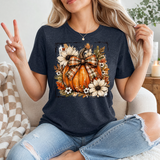 Fall Pumpkin Floral & Plaid Bow Graphic Tee