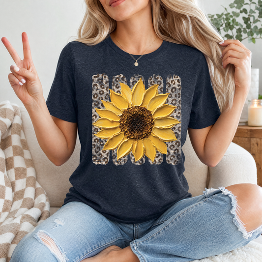 Painted Sunflower & Leopard Print Graphic Tee