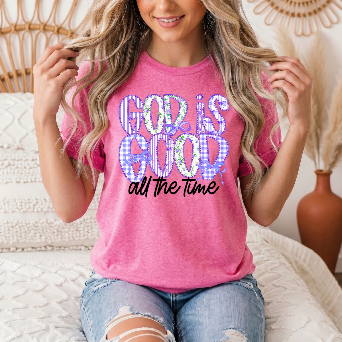 God Is Good All the Time Purple Bow Graphic Tee