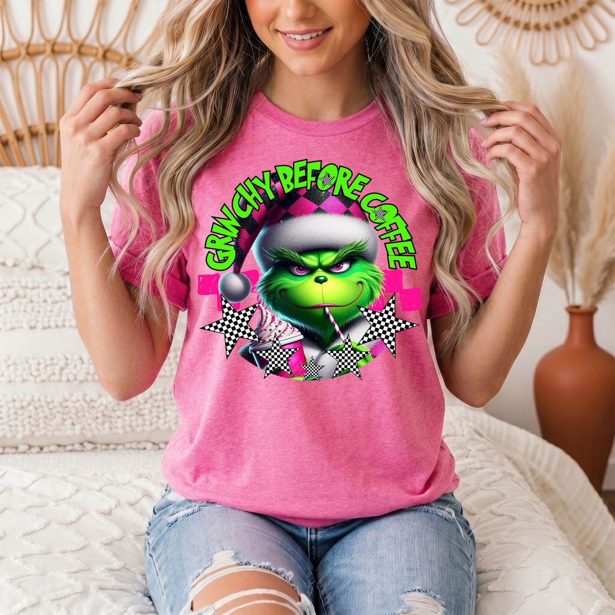 Grinchy Before Coffee Pink Checkerboard Christmas Graphic Tee