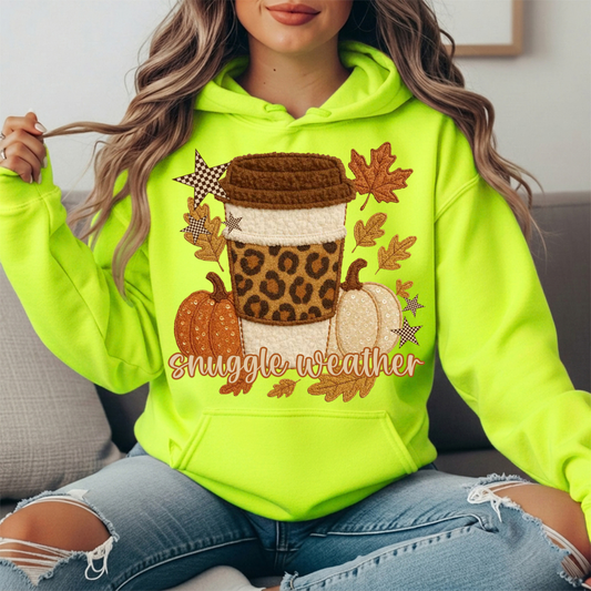 Snuggle Weather Faux Embroidery Coffee Hoodie Sweatshirt