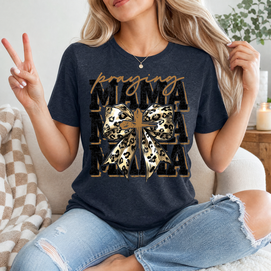 Praying Mama Leopard Bow & Cross Graphic Tee