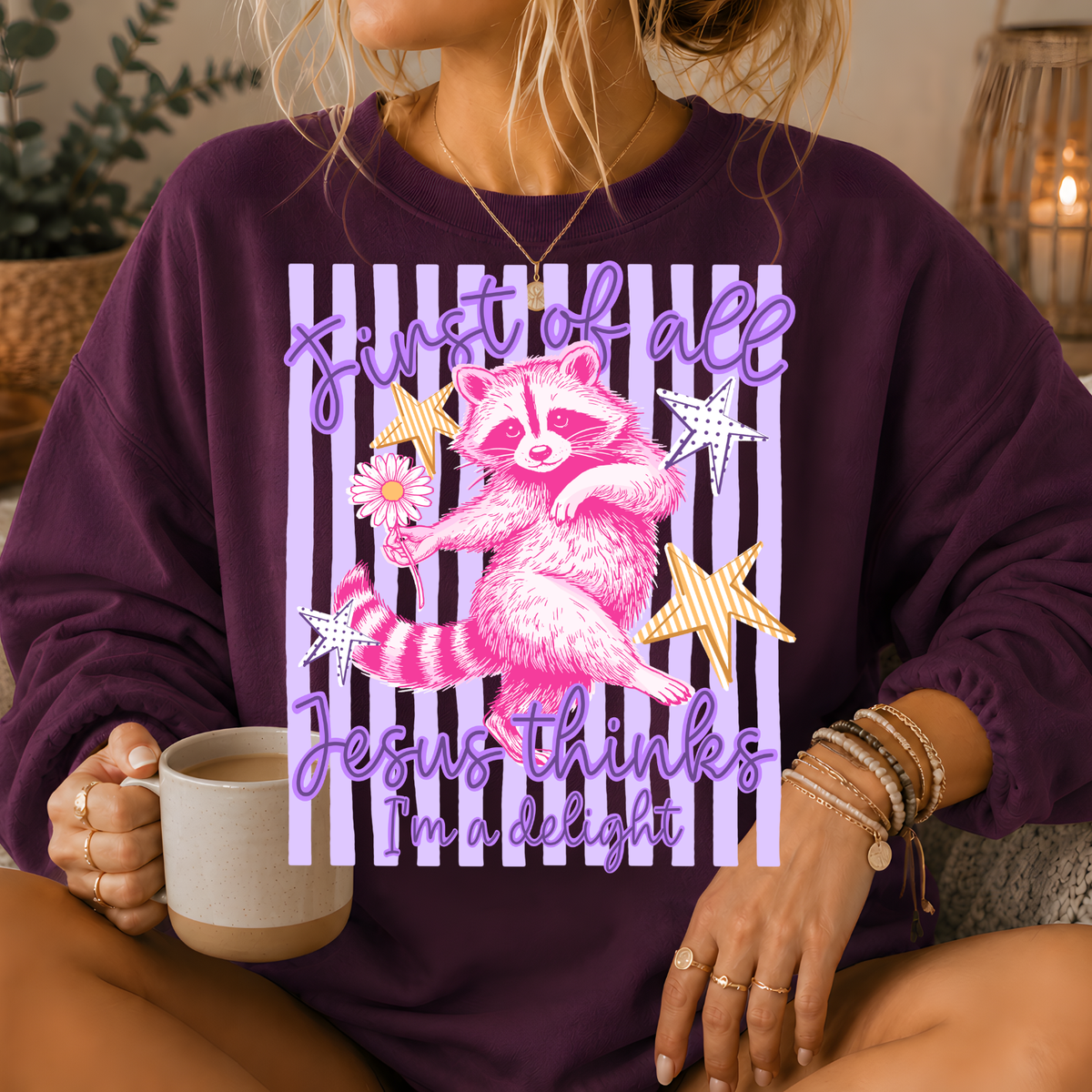 Jesus Thinks I'm a Delight Raccoon Crewneck Sweatshirt