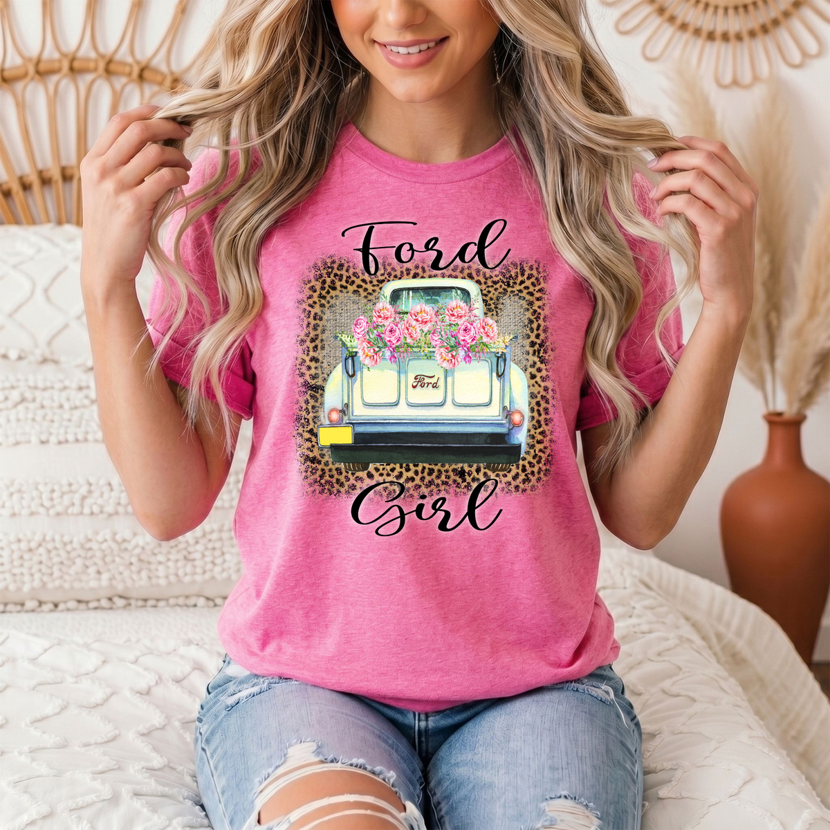 Ford Girl Floral Vintage Truck & Leopard Graphic Tee