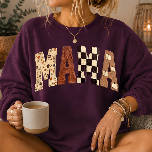 Mama Fall Patchwork Print Crewneck Sweatshirt