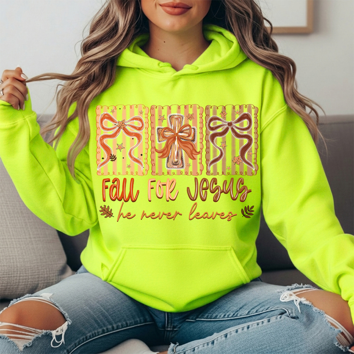 Fall for Jesus He Never Leaves Bow Cross Graphic Hoodie