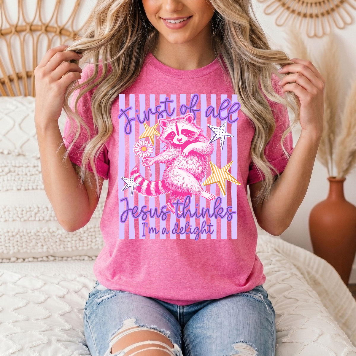 Jesus Thinks I'm a Delight Pink Raccoon Graphic Tee