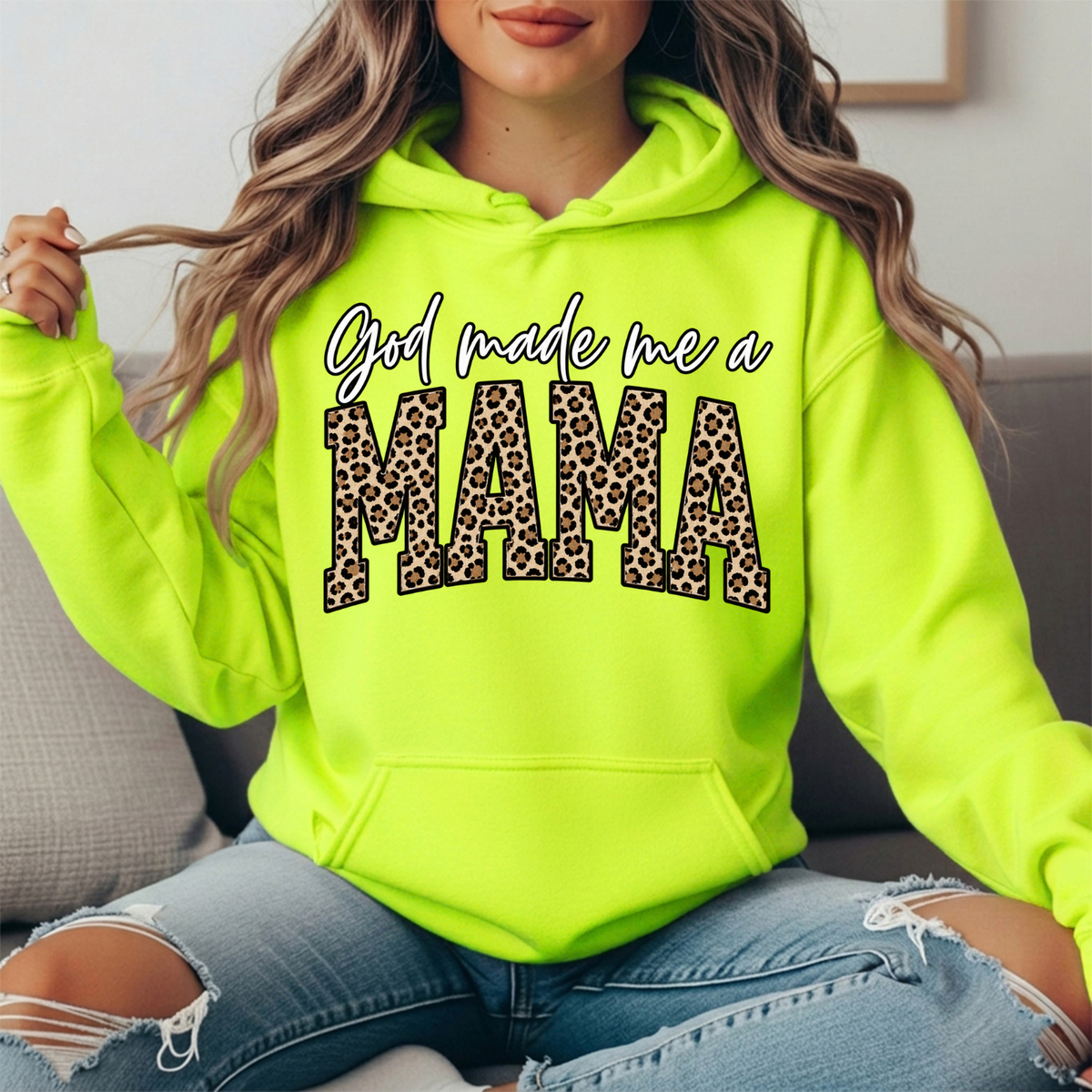 God Made Me a Mama Leopard Print Graphic Hoodie