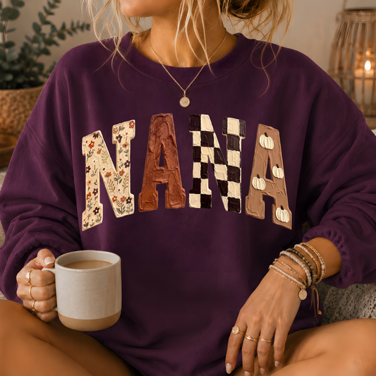 Nana Fall Patchwork Print Crewneck Sweatshirt