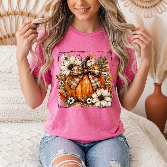 Fall Pumpkin Floral & Plaid Bow Graphic Tee