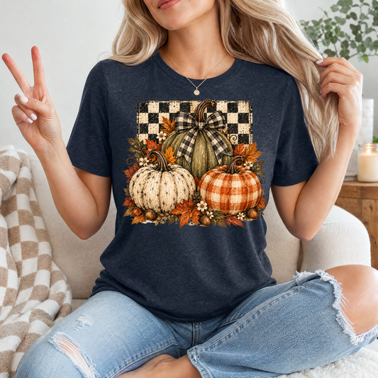 Rustic Fall Pumpkin Trio & Gingham Bow Graphic Tee